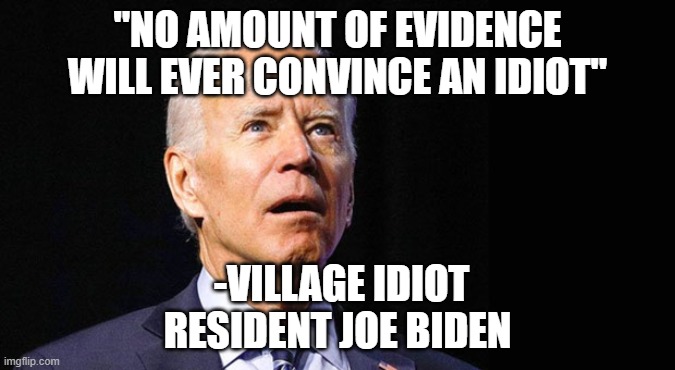 Confused joe biden | "NO AMOUNT OF EVIDENCE
WILL EVER CONVINCE AN IDIOT"; -VILLAGE IDIOT RESIDENT JOE BIDEN | image tagged in confused joe biden | made w/ Imgflip meme maker