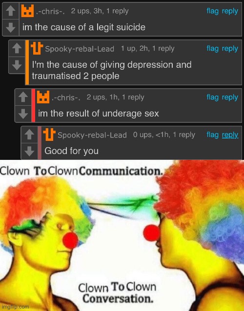 image tagged in clown to clown conversation | made w/ Imgflip meme maker