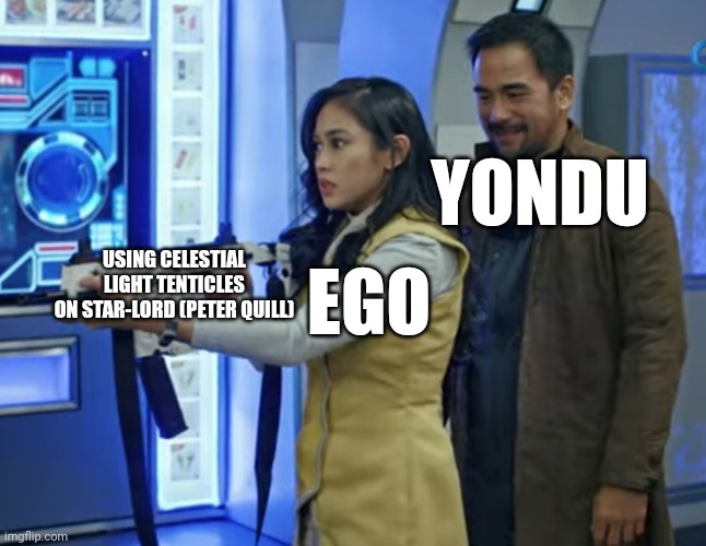 A Scene From Guardians of the Galaxy Vol. 2 in a Nutshell | YONDU; USING CELESTIAL
LIGHT TENTICLES
ON STAR-LORD (PETER QUILL); EGO | image tagged in guardians of the galaxy,guardians of the galaxy vol 2 | made w/ Imgflip meme maker