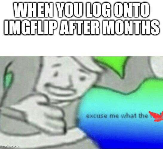 Excuse me wtf blank template | WHEN YOU LOG ONTO IMGFLIP AFTER MONTHS | image tagged in excuse me wtf blank template | made w/ Imgflip meme maker