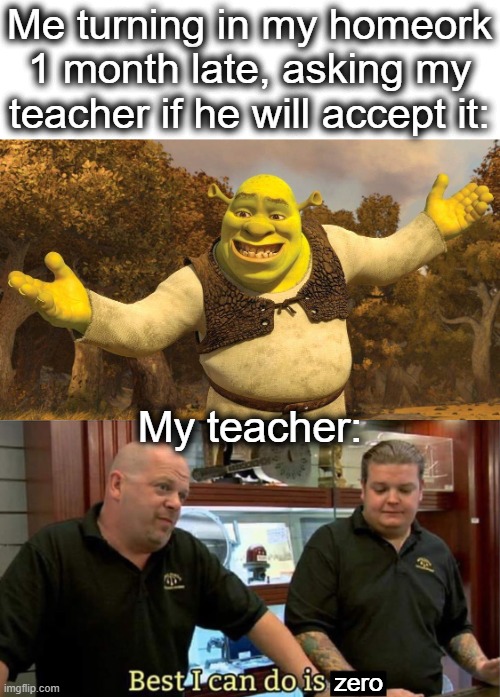 at least i tried lol | Me turning in my homeork 1 month late, asking my teacher if he will accept it:; My teacher:; zero | image tagged in shrek,best i can do,shrek is life,best,homework,lol | made w/ Imgflip meme maker