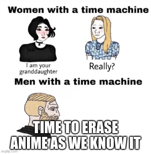 it started in the 80's | TIME TO ERASE ANIME AS WE KNOW IT | image tagged in men with a time machine | made w/ Imgflip meme maker