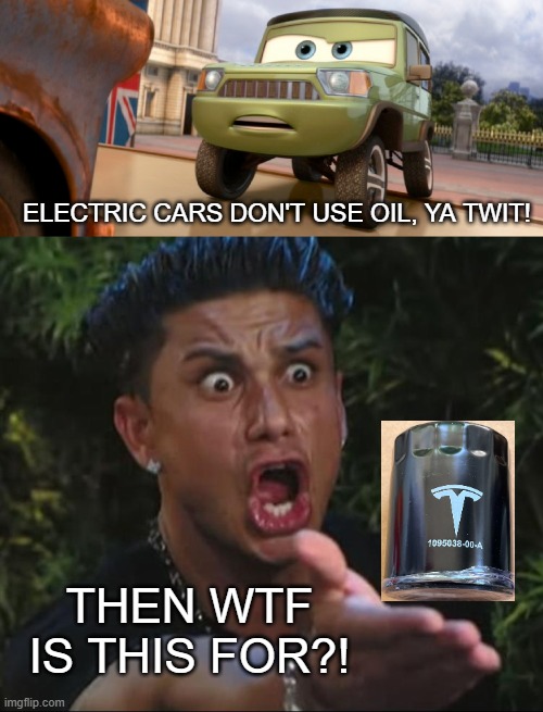 Electric Cars Don't Use Oil | ELECTRIC CARS DON'T USE OIL, YA TWIT! THEN WTF IS THIS FOR?! | image tagged in situation,electric cars don't use oil,tesla,filter,twit,cars | made w/ Imgflip meme maker