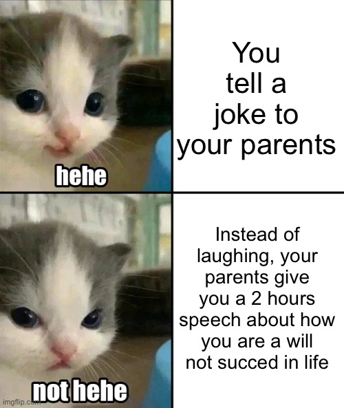 I wanted to make you laugh… | You tell a joke to your parents; Instead of laughing, your parents give you a 2 hours speech about how you are a will not succed in life | image tagged in cute cat hehe and not hehe,memes,funny,relatable,parents,joke | made w/ Imgflip meme maker