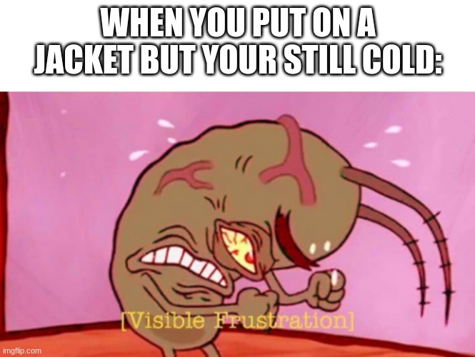 AHHH! | WHEN YOU PUT ON A JACKET BUT YOUR STILL COLD: | image tagged in cringin plankton / visible frustation | made w/ Imgflip meme maker