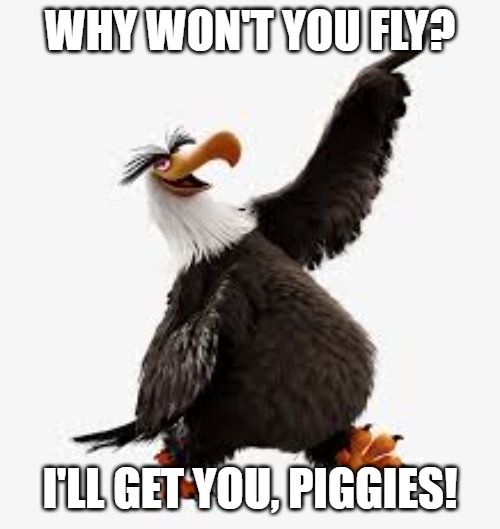 angry birds eagle | WHY WON'T YOU FLY? I'LL GET YOU, PIGGIES! | image tagged in angry birds eagle | made w/ Imgflip meme maker