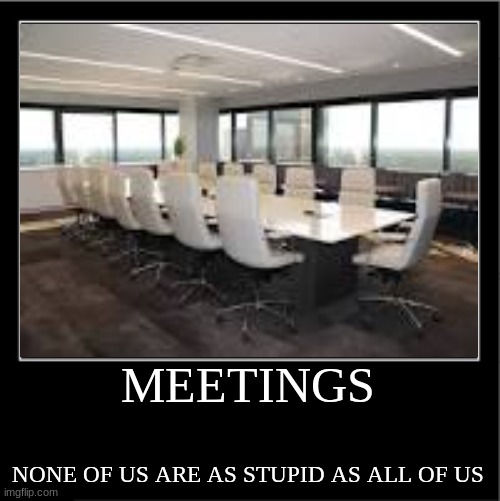meetings | MEETINGS; NONE OF US ARE AS STUPID AS ALL OF US | image tagged in demotivational poster | made w/ Imgflip meme maker