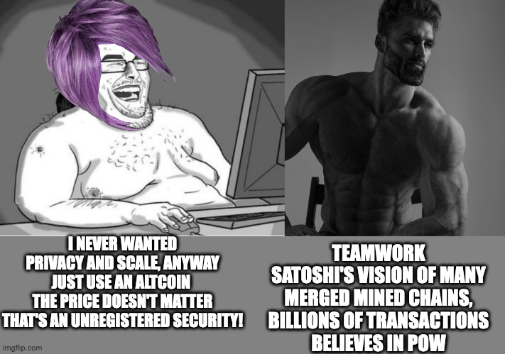 layer 2 karen | TEAMWORK
SATOSHI'S VISION OF MANY MERGED MINED CHAINS, BILLIONS OF TRANSACTIONS
BELIEVES IN POW; I NEVER WANTED PRIVACY AND SCALE, ANYWAY
JUST USE AN ALTCOIN 
THE PRICE DOESN'T MATTER
THAT'S AN UNREGISTERED SECURITY! | image tagged in memes | made w/ Imgflip meme maker