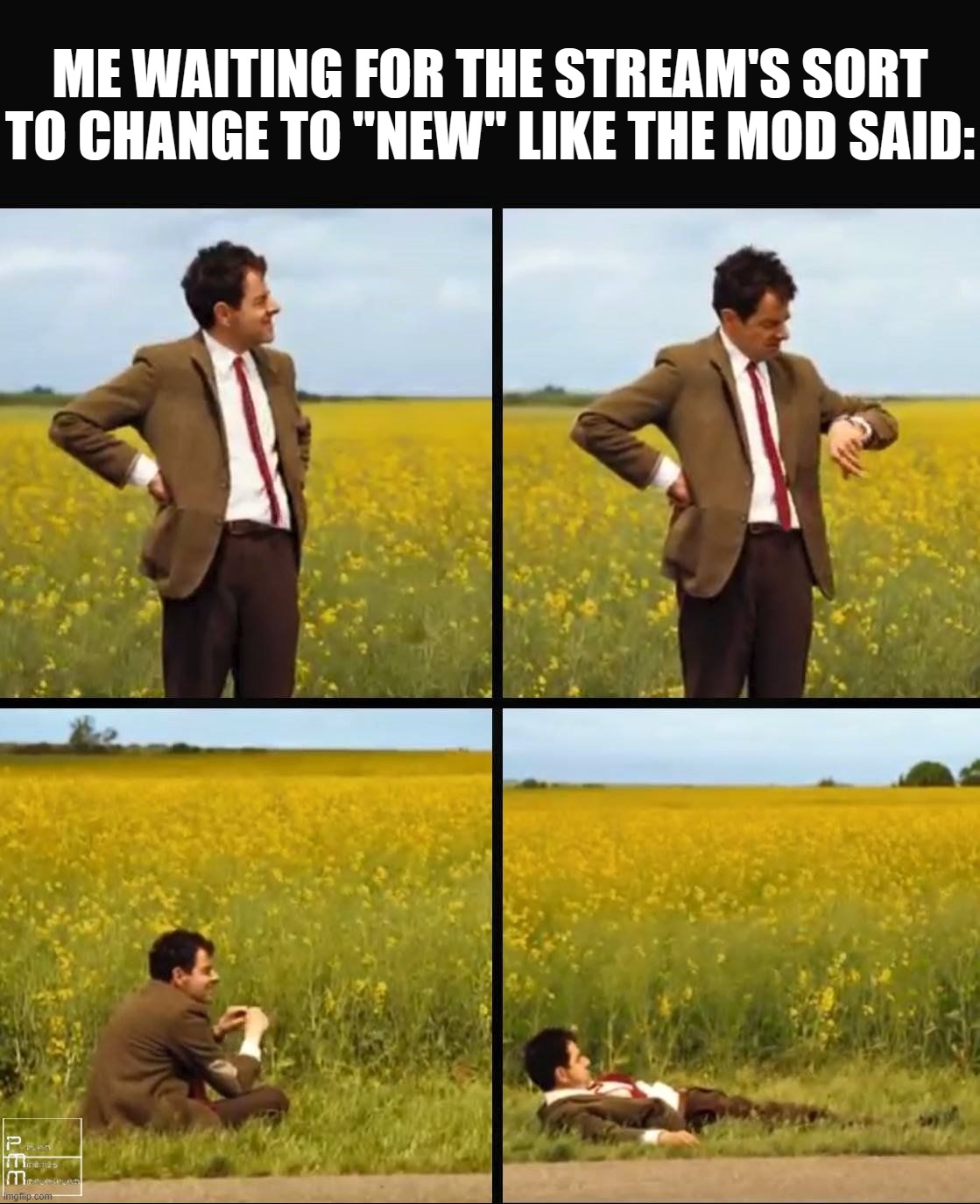 Mr bean waiting | ME WAITING FOR THE STREAM'S SORT TO CHANGE TO "NEW" LIKE THE MOD SAID: | image tagged in mr bean waiting | made w/ Imgflip meme maker