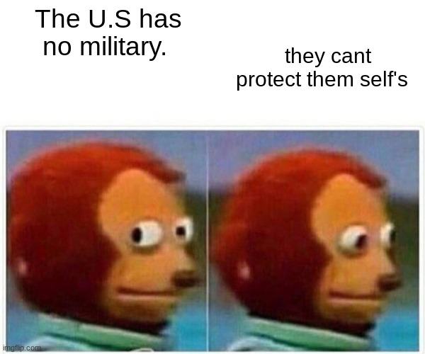 Because there was no military, the U.S did not have a way to defend itself. | The U.S has no military. they cant protect them self's | image tagged in memes,monkey puppet | made w/ Imgflip meme maker