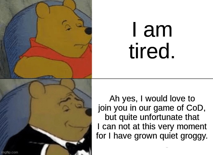 Must be professional in everything. | I am tired. Ah yes, I would love to join you in our game of CoD, but quite unfortunate that I can not at this very moment for I have grown quiet groggy. | image tagged in memes,tuxedo winnie the pooh | made w/ Imgflip meme maker