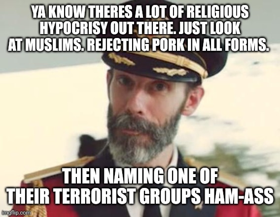 Captain Obvious | YA KNOW THERES A LOT OF RELIGIOUS HYPOCRISY OUT THERE. JUST LOOK AT MUSLIMS. REJECTING PORK IN ALL FORMS. THEN NAMING ONE OF THEIR TERRORIST GROUPS HAM-ASS | image tagged in captain obvious | made w/ Imgflip meme maker