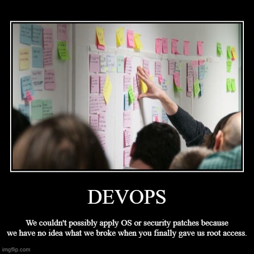 DEVOPS | We couldn't possibly apply OS or security patches because we have no idea what we broke when you finally gave us root access. | image tagged in funny,demotivationals,devops | made w/ Imgflip demotivational maker