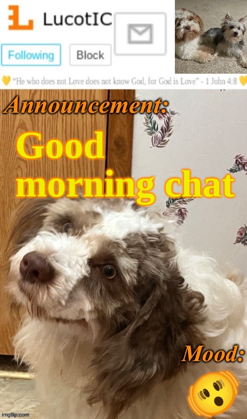 LucotIC’s “Fangz” announcement temp (thanks Strike) | Good morning chat; 🫨 | image tagged in lucotic s fangz announcement temp thanks strike | made w/ Imgflip meme maker