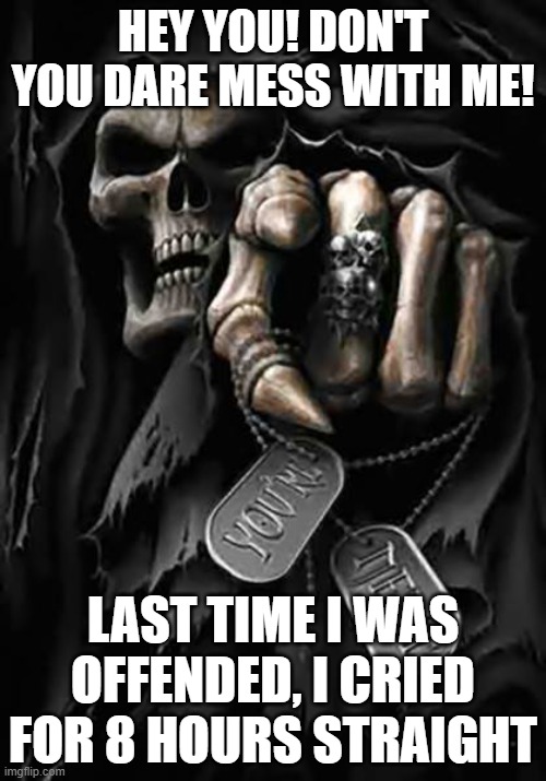 Grim Reaper | HEY YOU! DON'T YOU DARE MESS WITH ME! LAST TIME I WAS OFFENDED, I CRIED FOR 8 HOURS STRAIGHT | image tagged in grim reaper | made w/ Imgflip meme maker