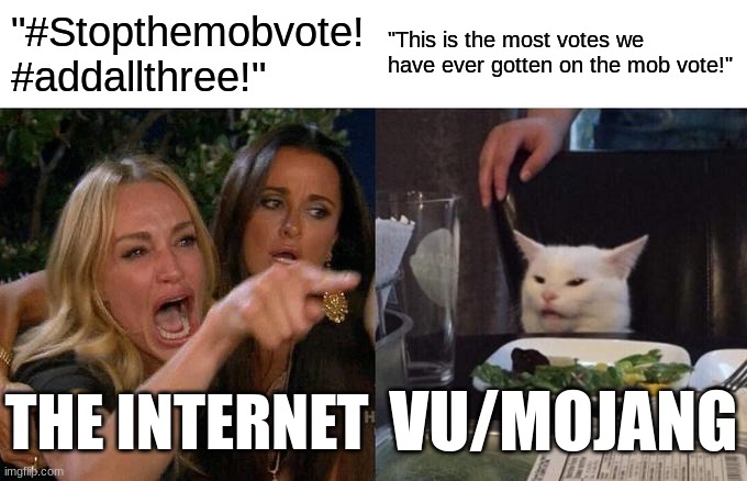 Mob vote 2023 | "#Stopthemobvote! #addallthree!"; "This is the most votes we have ever gotten on the mob vote!"; VU/MOJANG; THE INTERNET | image tagged in memes,woman yelling at cat,minecraft,minecraft memes | made w/ Imgflip meme maker