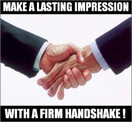 They'll Always Remember You ! | MAKE A LASTING IMPRESSION; WITH A FIRM HANDSHAKE ! | image tagged in first impressions,handshake | made w/ Imgflip meme maker