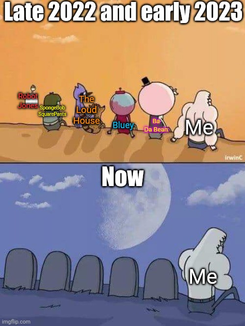 I have lost the will to watch them on TV anymore | Late 2022 and early 2023; The Loud House; Robot Jones; SpongeBob SquarePants; Me; Ba Da Bean; Bluey; Now; Me | image tagged in regular show graves,memes,regular show,cartoons | made w/ Imgflip meme maker