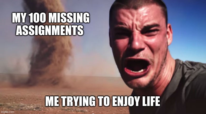 Here it comes | MY 100 MISSING ASSIGNMENTS; ME TRYING TO ENJOY LIFE | image tagged in here it comes | made w/ Imgflip meme maker