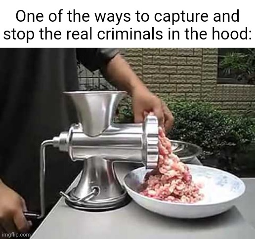 Criminals | One of the ways to capture and stop the real criminals in the hood: | image tagged in meat grinder,criminals,hood,dark humor,memes,criminal | made w/ Imgflip meme maker