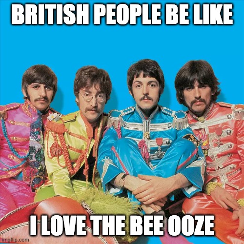 BEEOOZE | BRITISH PEOPLE BE LIKE; I LOVE THE BEE OOZE | image tagged in the beatles,british | made w/ Imgflip meme maker