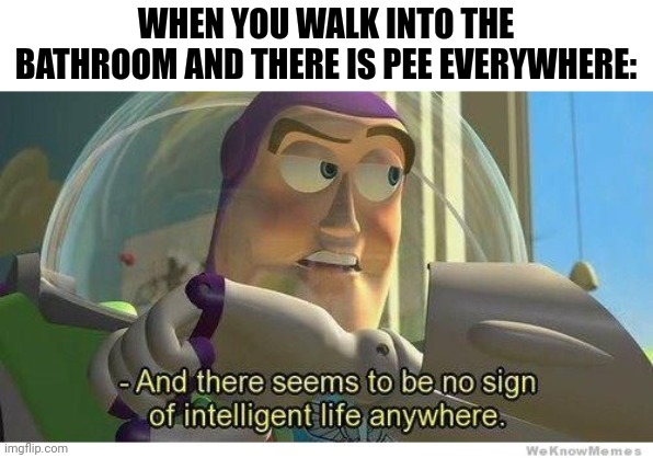 I hate those types of people | WHEN YOU WALK INTO THE BATHROOM AND THERE IS PEE EVERYWHERE: | image tagged in buzz lightyear no intelligent life,memes,fun,oh wow are you actually reading these tags | made w/ Imgflip meme maker