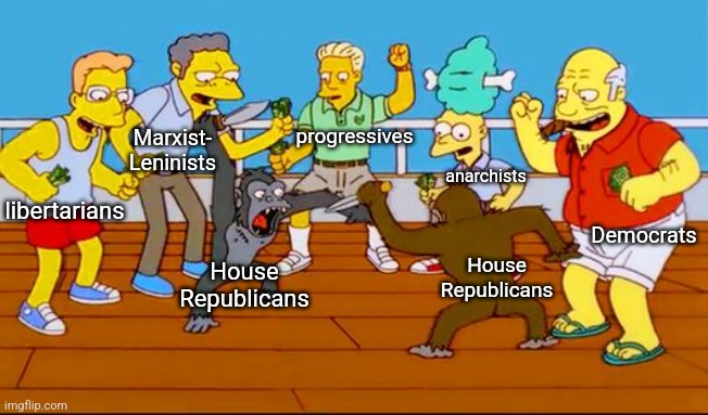 Monkey Knife fight | progressives; Marxist-
Leninists; anarchists; libertarians; Democrats; House Republicans; House Republicans | image tagged in monkey knife fight | made w/ Imgflip meme maker