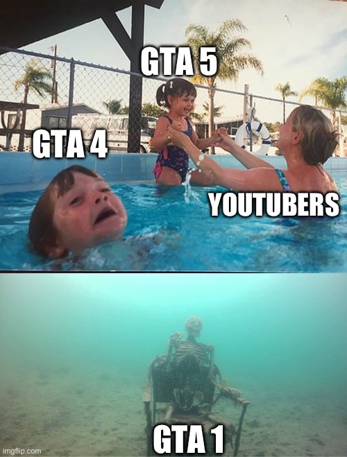 Is it just me or is it forgotten? | GTA 5; GTA 4; YOUTUBERS; GTA 1 | image tagged in drowning kid skeleton | made w/ Imgflip meme maker