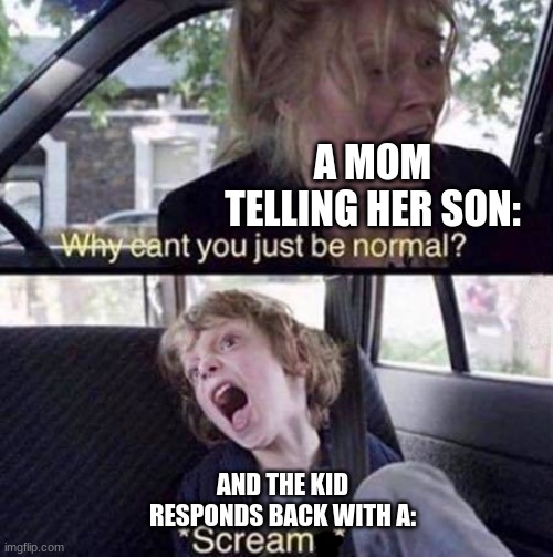 Why Can't You Just Be Normal | A MOM TELLING HER SON:; AND THE KID RESPONDS BACK WITH A: | image tagged in why can't you just be normal | made w/ Imgflip meme maker
