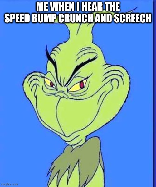 yes extra crunch | ME WHEN I HEAR THE SPEED BUMP CRUNCH AND SCREECH | image tagged in good grinch | made w/ Imgflip meme maker