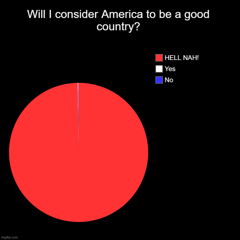 Will I ever consider America to be a good country? | Will I consider America to be a good country? | No, Yes, HELL NAH! | image tagged in charts,pie charts | made w/ Imgflip chart maker