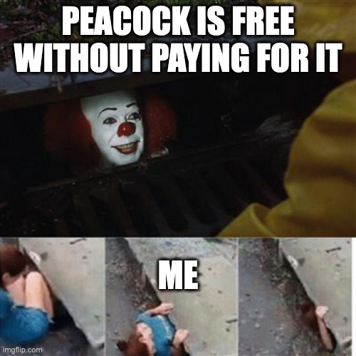 pennywise in sewer | PEACOCK IS FREE WITHOUT PAYING FOR IT; ME | image tagged in pennywise in sewer,meme,memes,funny,fun,peacock | made w/ Imgflip meme maker