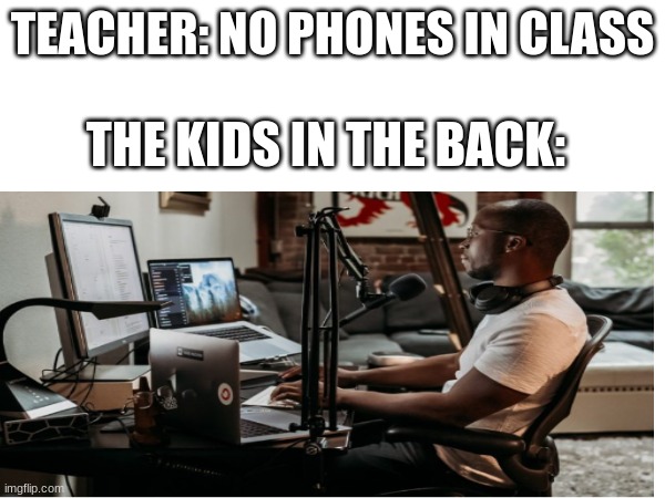 Guy on computer | TEACHER: NO PHONES IN CLASS; THE KIDS IN THE BACK: | image tagged in school | made w/ Imgflip meme maker