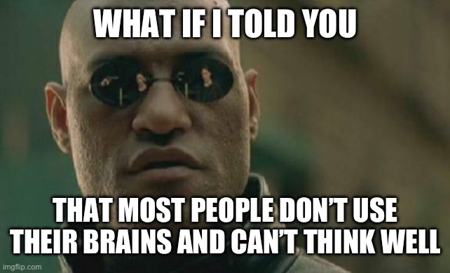 I wonder how we managed to land on the moon at this point | WHAT IF I TOLD YOU; THAT MOST PEOPLE DON’T USE THEIR BRAINS AND CAN’T THINK WELL | image tagged in memes,matrix morpheus | made w/ Imgflip meme maker