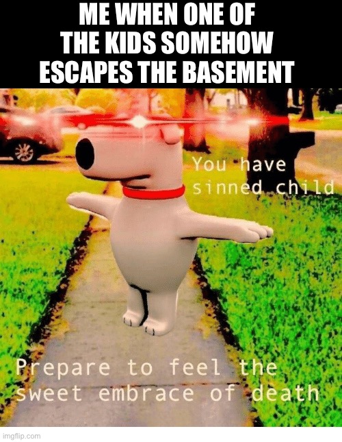 You have sinned | ME WHEN ONE OF THE KIDS SOMEHOW ESCAPES THE BASEMENT | image tagged in you have sinned child prepare to feel the sweet embrace of death | made w/ Imgflip meme maker