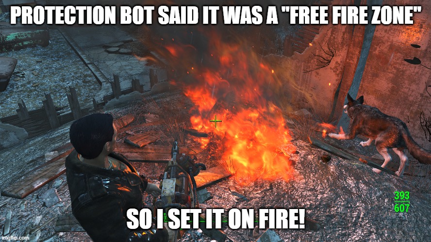Protection said it was a "Free Fire Zone" | PROTECTION BOT SAID IT WAS A "FREE FIRE ZONE"; SO I SET IT ON FIRE! | image tagged in fallout 4,gaming,fall out 4 memes | made w/ Imgflip meme maker