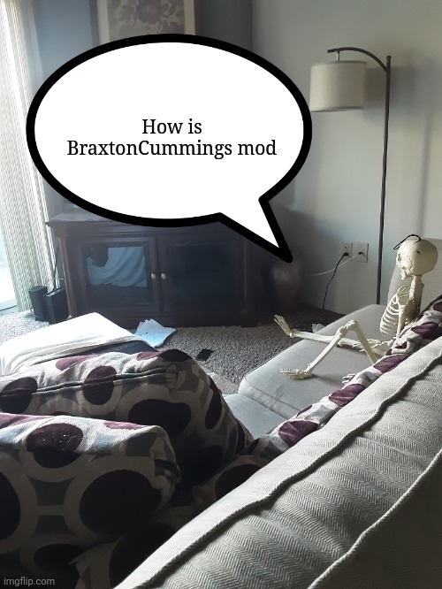 How is BraxtonCummings mod | image tagged in bubtheanimotronic's skeleton watching stuff | made w/ Imgflip meme maker