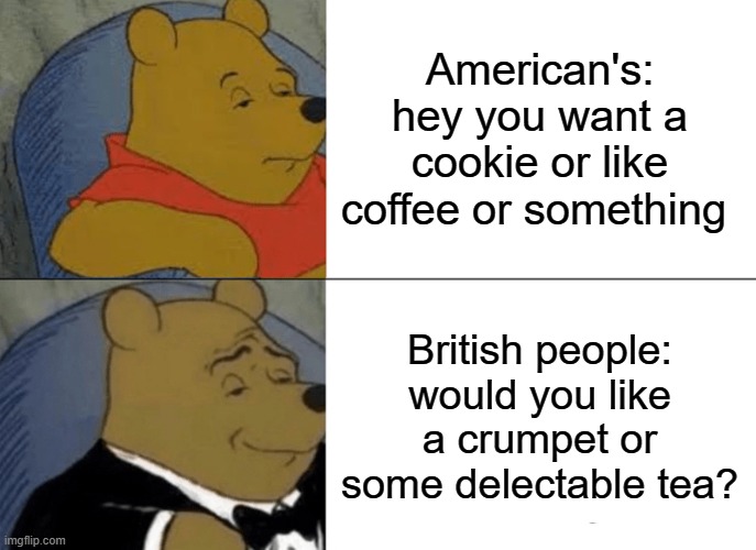 British people | American's: hey you want a cookie or like coffee or something; British people: would you like a crumpet or some delectable tea? | image tagged in memes,tuxedo winnie the pooh | made w/ Imgflip meme maker