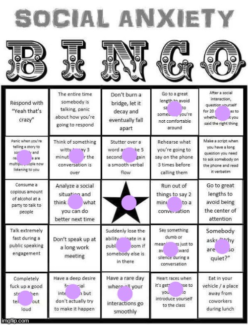 Social Anxiety Bingo | image tagged in social anxiety bingo | made w/ Imgflip meme maker