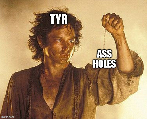 frodo ring | TYR; ASS
HOLES | image tagged in frodo ring | made w/ Imgflip meme maker