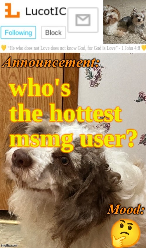 LucotIC’s “Fangz” announcement temp (thanks Strike) | who's the hottest msmg user? 🤔 | image tagged in lucotic s fangz announcement temp thanks strike | made w/ Imgflip meme maker