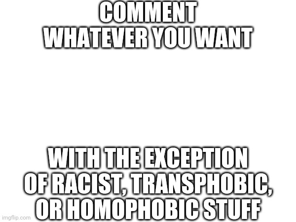 COMMENT WHATEVER YOU WANT; WITH THE EXCEPTION OF RACIST, TRANSPHOBIC, OR HOMOPHOBIC STUFF | made w/ Imgflip meme maker