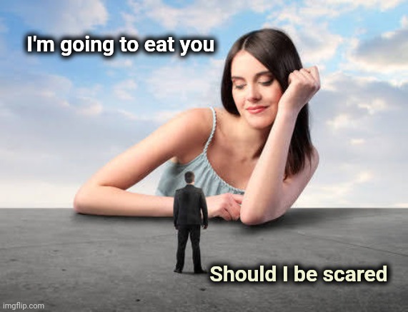 Giant woman | I'm going to eat you Should I be scared | image tagged in giant woman | made w/ Imgflip meme maker