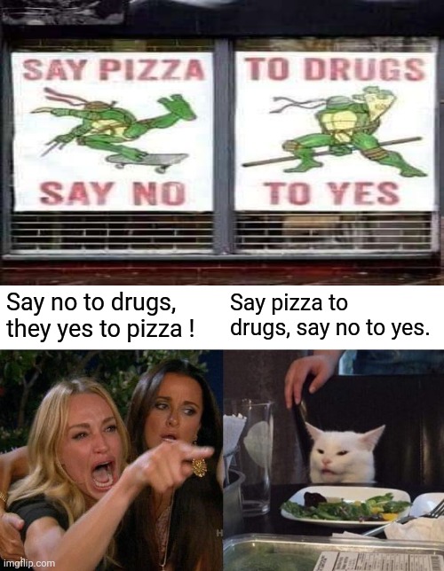 Woman Yelling At Cat | Say no to drugs, they yes to pizza ! Say pizza to drugs, say no to yes. | image tagged in memes,woman yelling at cat,ninja turtles,pizza,cat memes,funny | made w/ Imgflip meme maker