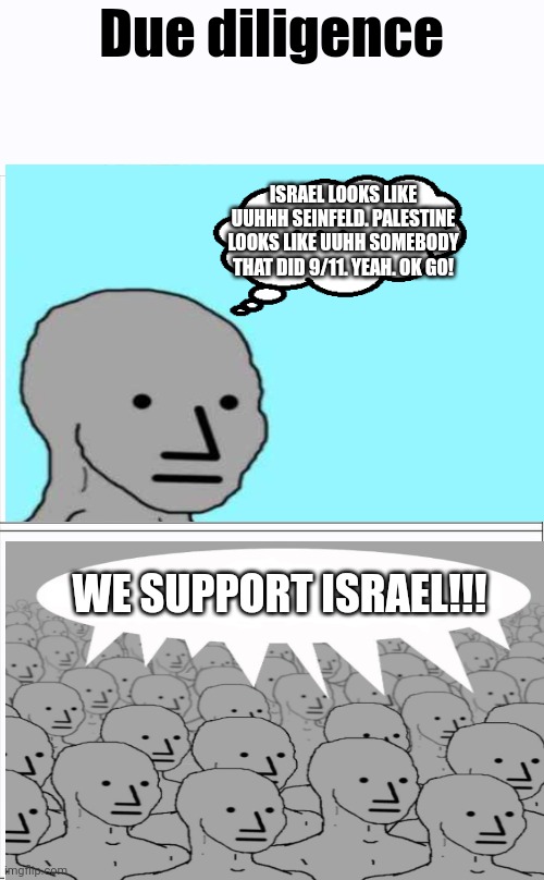 Due diligence | Due diligence; ISRAEL LOOKS LIKE UUHHH SEINFELD. PALESTINE LOOKS LIKE UUHH SOMEBODY THAT DID 9/11. YEAH. OK GO! WE SUPPORT ISRAEL!!! | image tagged in american,conservative,genius | made w/ Imgflip meme maker