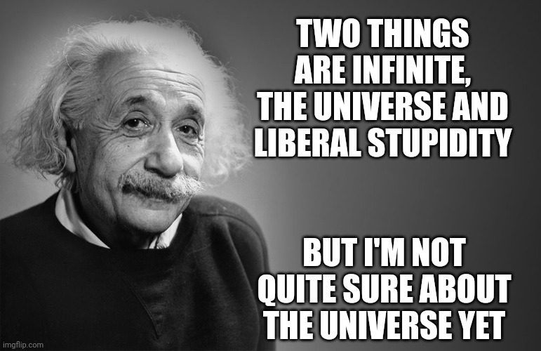 albert einstein quotes | TWO THINGS ARE INFINITE, THE UNIVERSE AND LIBERAL STUPIDITY BUT I'M NOT QUITE SURE ABOUT THE UNIVERSE YET | image tagged in albert einstein quotes | made w/ Imgflip meme maker