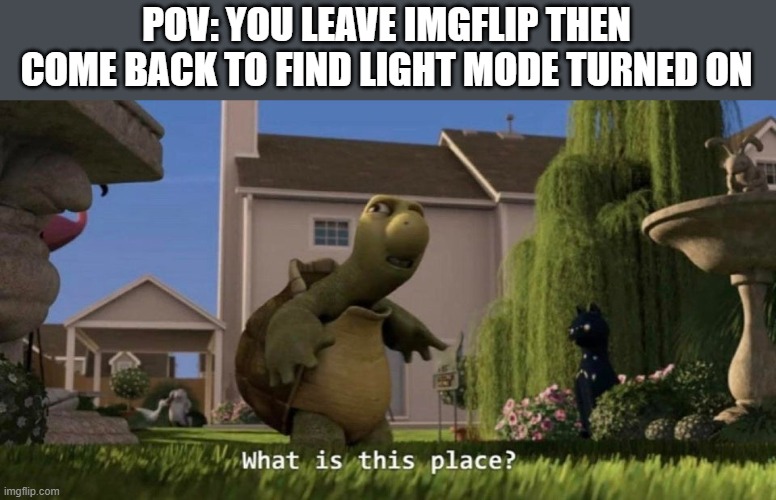 What is this place | POV: YOU LEAVE IMGFLIP THEN COME BACK TO FIND LIGHT MODE TURNED ON | image tagged in what is this place | made w/ Imgflip meme maker