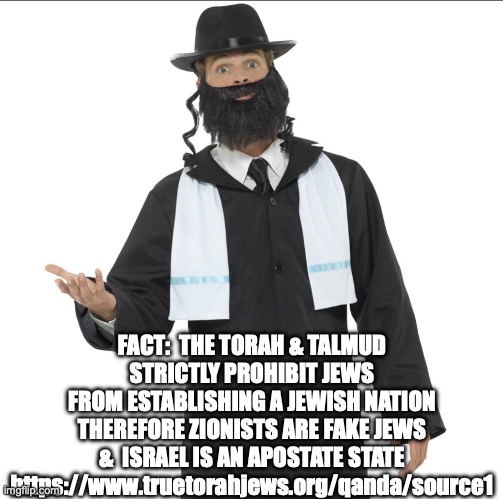 ZIONISTS ARE FAKE JEWS & ISRAEL IS AN APOSTATE STATE | FACT:  THE TORAH & TALMUD
STRICTLY PROHIBIT JEWS
FROM ESTABLISHING A JEWISH NATION
THEREFORE ZIONISTS ARE FAKE JEWS
&  ISRAEL IS AN APOSTATE STATE
https://www.truetorahjews.org/qanda/source1 | image tagged in israel,palestin,fake jews,gaza,zionists,zionism | made w/ Imgflip meme maker