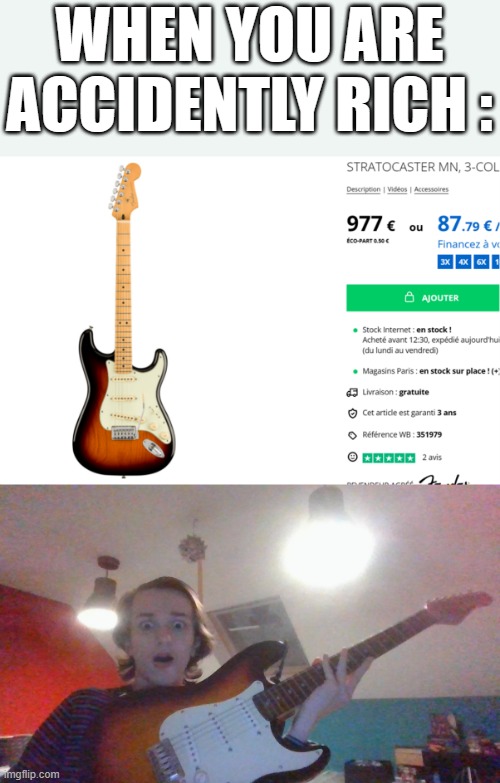 IM NOT EVEN KIDDING GUYS !!!! I WAS SEARCHING FOR A NEW ELECTRIC GUITAR AND REALISED THIS ONE IS LITTERALY THE ONE I OWN | WHEN YOU ARE ACCIDENTLY RICH : | image tagged in omg,rich | made w/ Imgflip meme maker