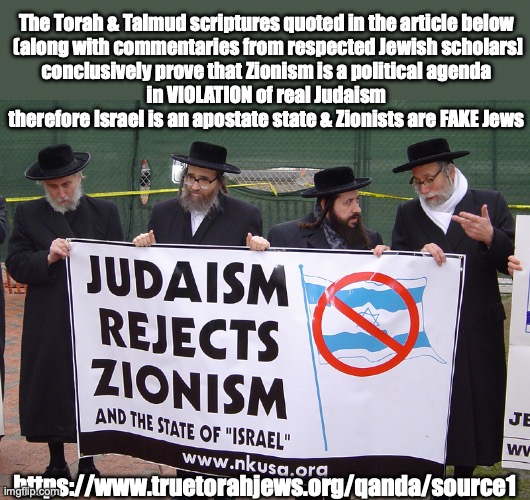 Conclusive proof that Israel is an apostate state & Zionists are FAKE Jews | The Torah & Talmud scriptures quoted in the article below
 (along with commentaries from respected Jewish scholars]
conclusively prove that Zionism is a political agenda
in VIOLATION of real Judaism
therefore Israel is an apostate state & Zionists are FAKE Jews; https://www.truetorahjews.org/qanda/source1 | image tagged in israel,zionists,zionism,fake jews,palestin,gaza | made w/ Imgflip meme maker